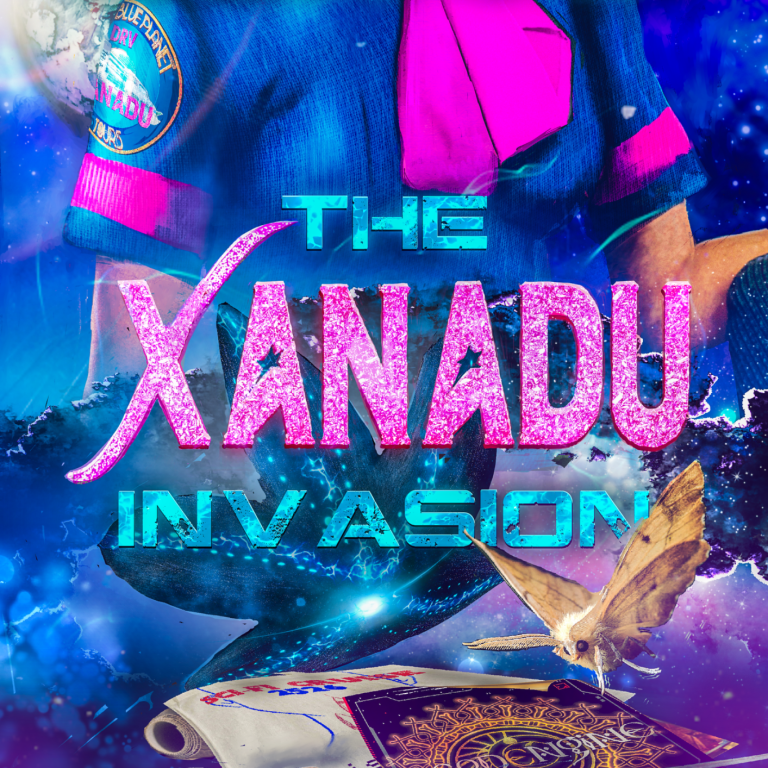 Circular logo that reads The Xanadu Invasion with a small moth like creature bottom right